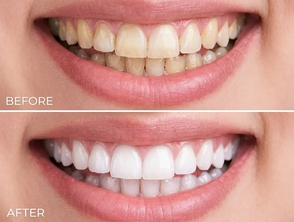 Home Before and after results of a professional teeth whitening procedure.