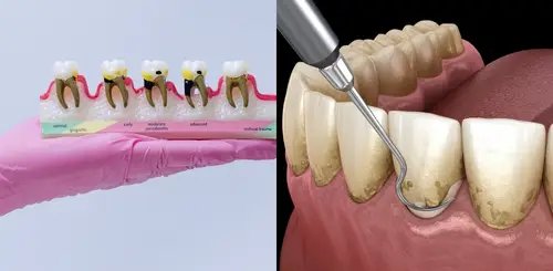 Preventive Care Side-by-side view showing a deep cleaning animation and a model demonstrating stages of periodontitis.
